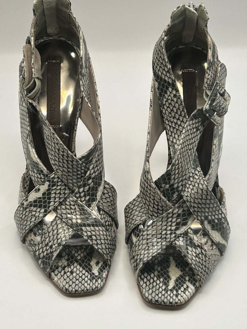 BCBGMAXAZRIA Snakeskin Print Strappy Caged Stiletto Sandals Size 8.5